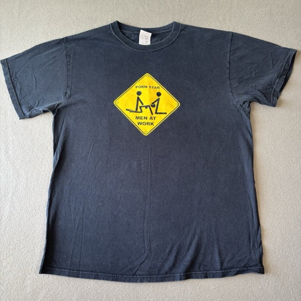 Vtg Fruit‎ of the Loom Funny T-Shirt Men’s L Porn Star Men At Work Y2K Humor Tee